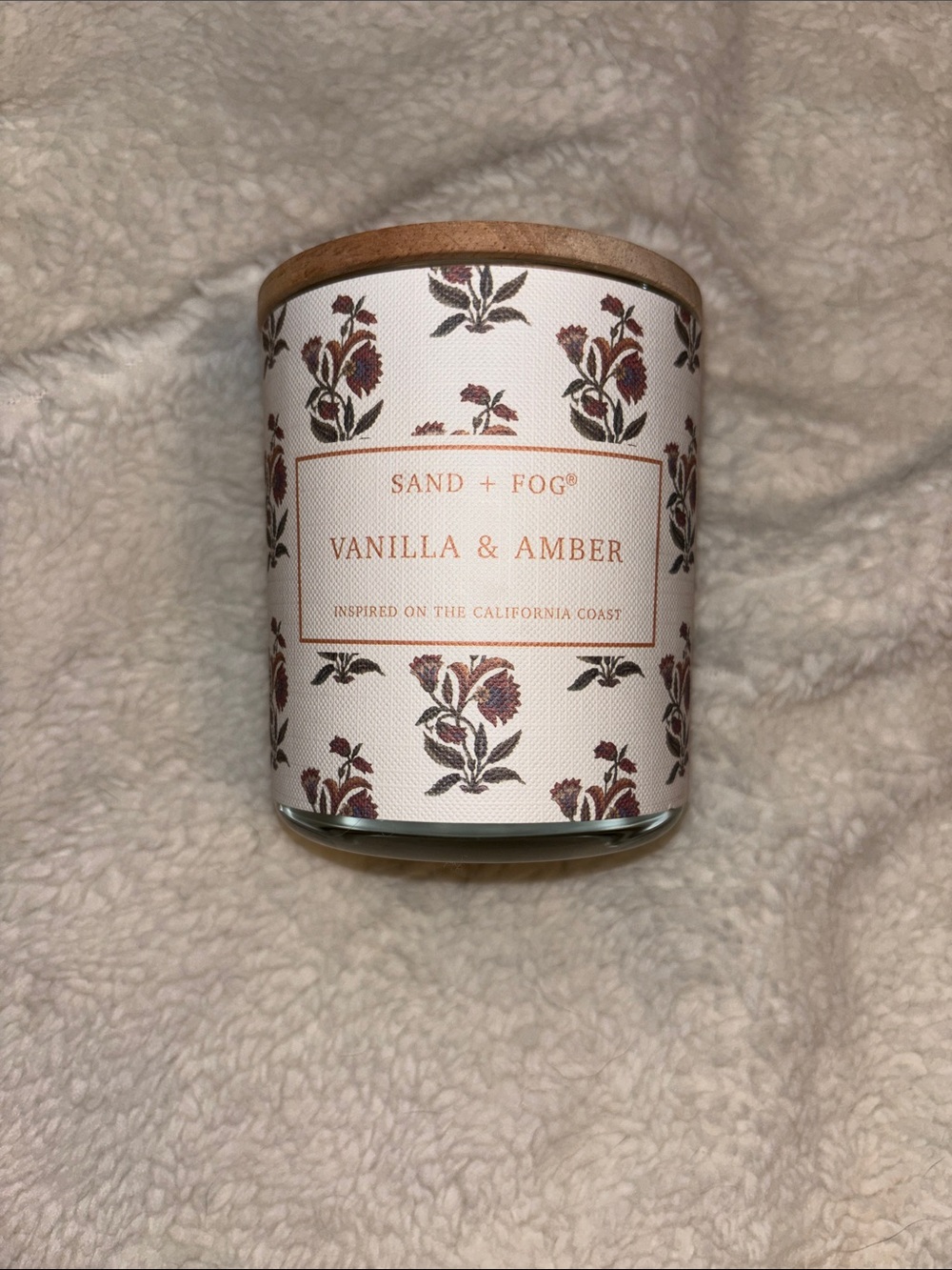 Vanilla & Amber Scented Candle - Cream with Brown Floral- Sand and Fog